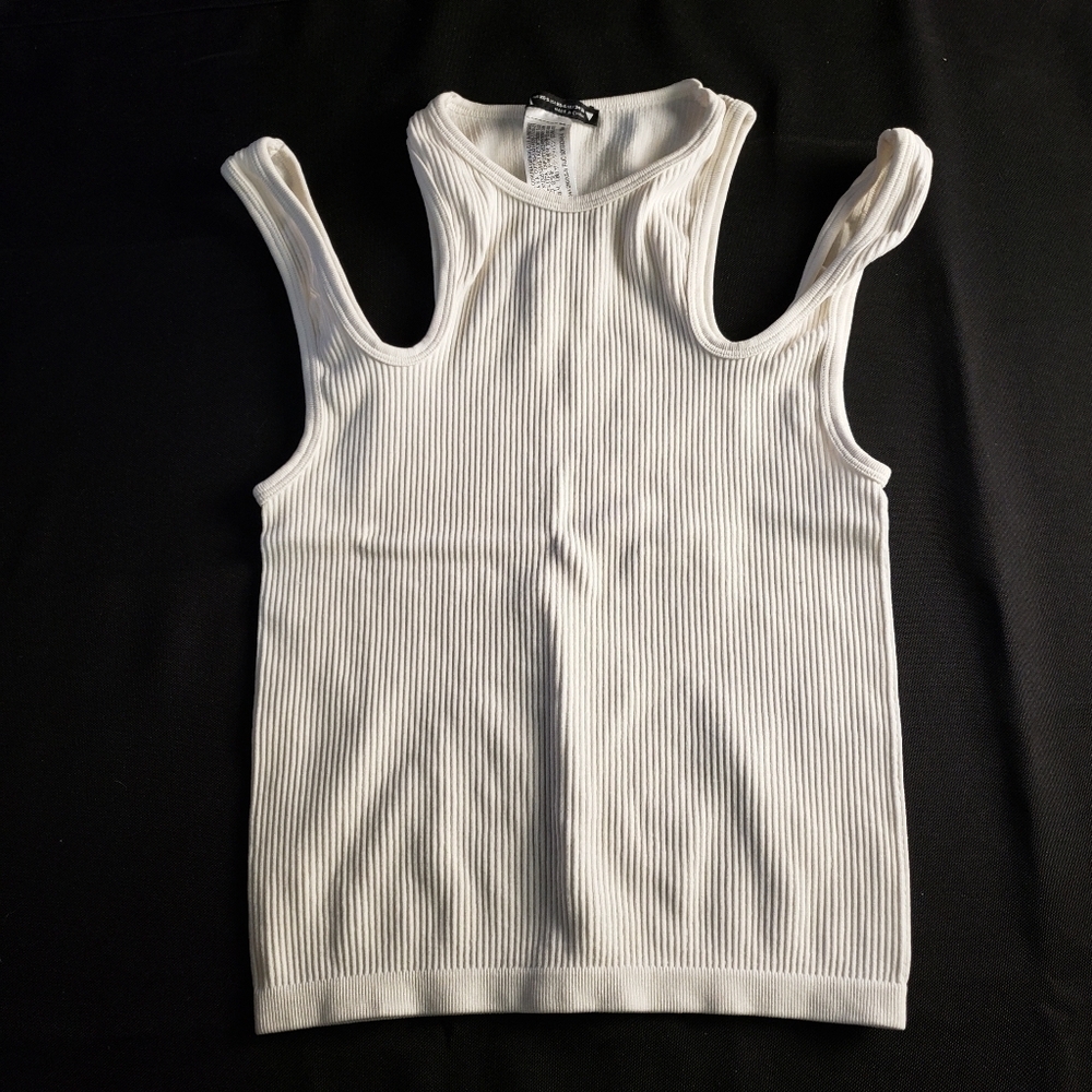 Zara Strappy White Ribbed Cropped Tank Top XS-S